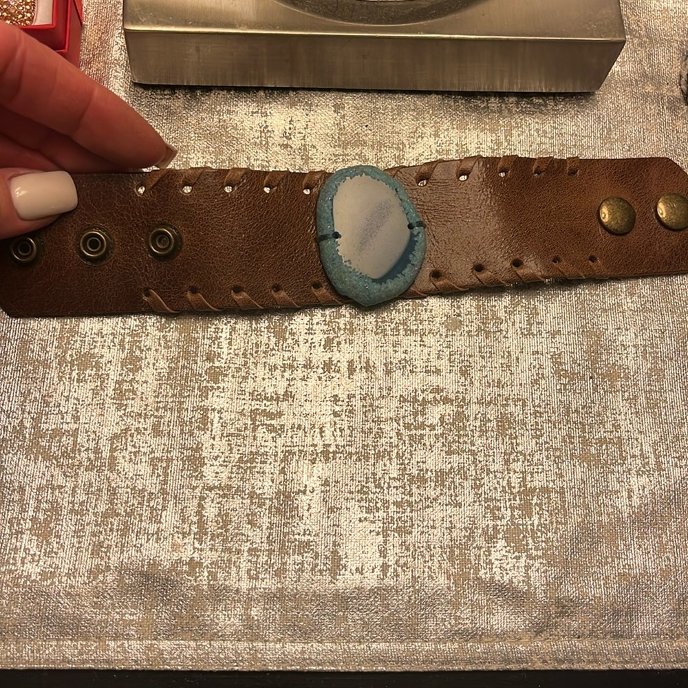 Brown leather snap cuff bracelet with faux turquoise stone